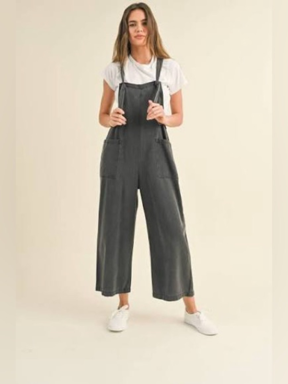 Miou Muse Overall Jumpsuit M Wide Leg Boho Lagenlook Minimalist Washed Tencel